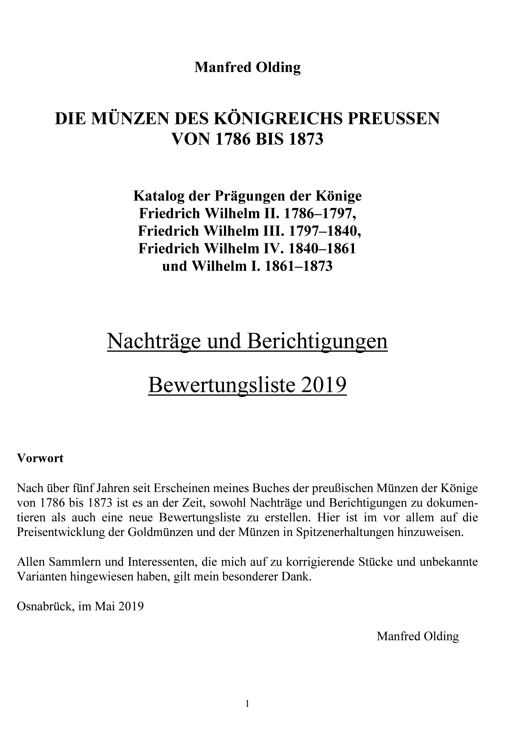 Die Münzen des Königreichs Preußen von 1786 bis 1873 - Nachträge und Berichtigungen, Bewertungsliste 2019 - Cover